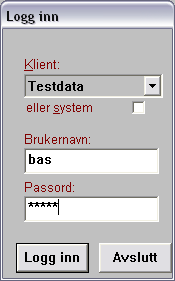 Start av BAS21 For å starte BAS21 klikker du på ikonet som du finner på skrivebordet ditt. Da kommer du til innloggingsbildet som ser slik ut: Her velger du hvilket firma du ønsker å kjøre på.