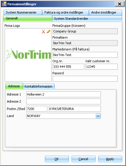 Firmaopplysninger Her er det viktig at firmaets data er korrekt Grunninnstillinger, Firma, Firmainnstillinger Firmainformasjon, General Vi får nå opp et skjermbilde hvor firmanavn allerede er utfylt.
