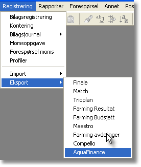 3 Ny eksport til Aqua Finance Det er laget et nytt menypunkt som legger ut en fil for eksport/videre analyse i Aqua Finance per konto, avdeling og bærer.