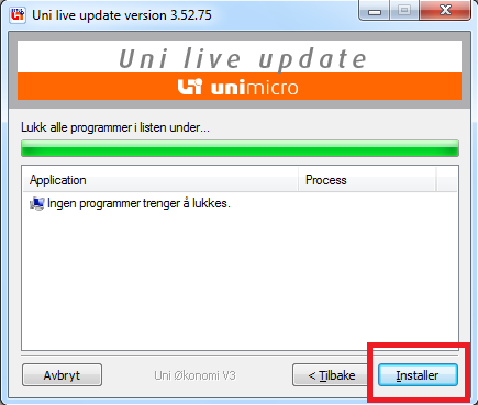 I neste vindu må du muligens lukke enkelte programmer, helt til knappen «Installer» kan trykkes