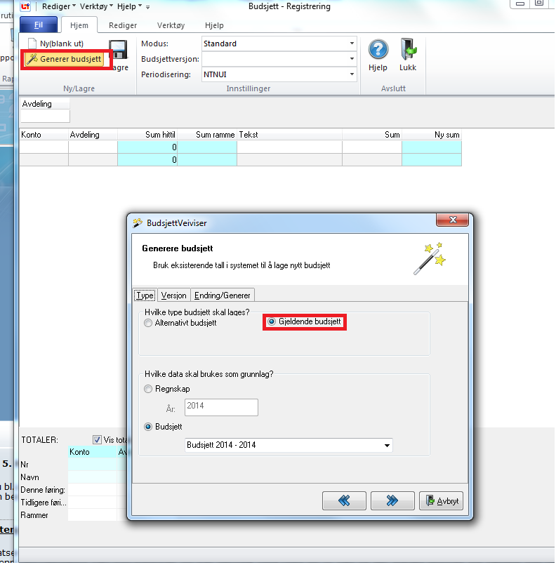 Her ligger det allerede et budsjett inne, kalt «Budsjett 2014». Dersom man ikke har laget et budsjett for det nye året, må man trykke på «Versjon» og «Ny».