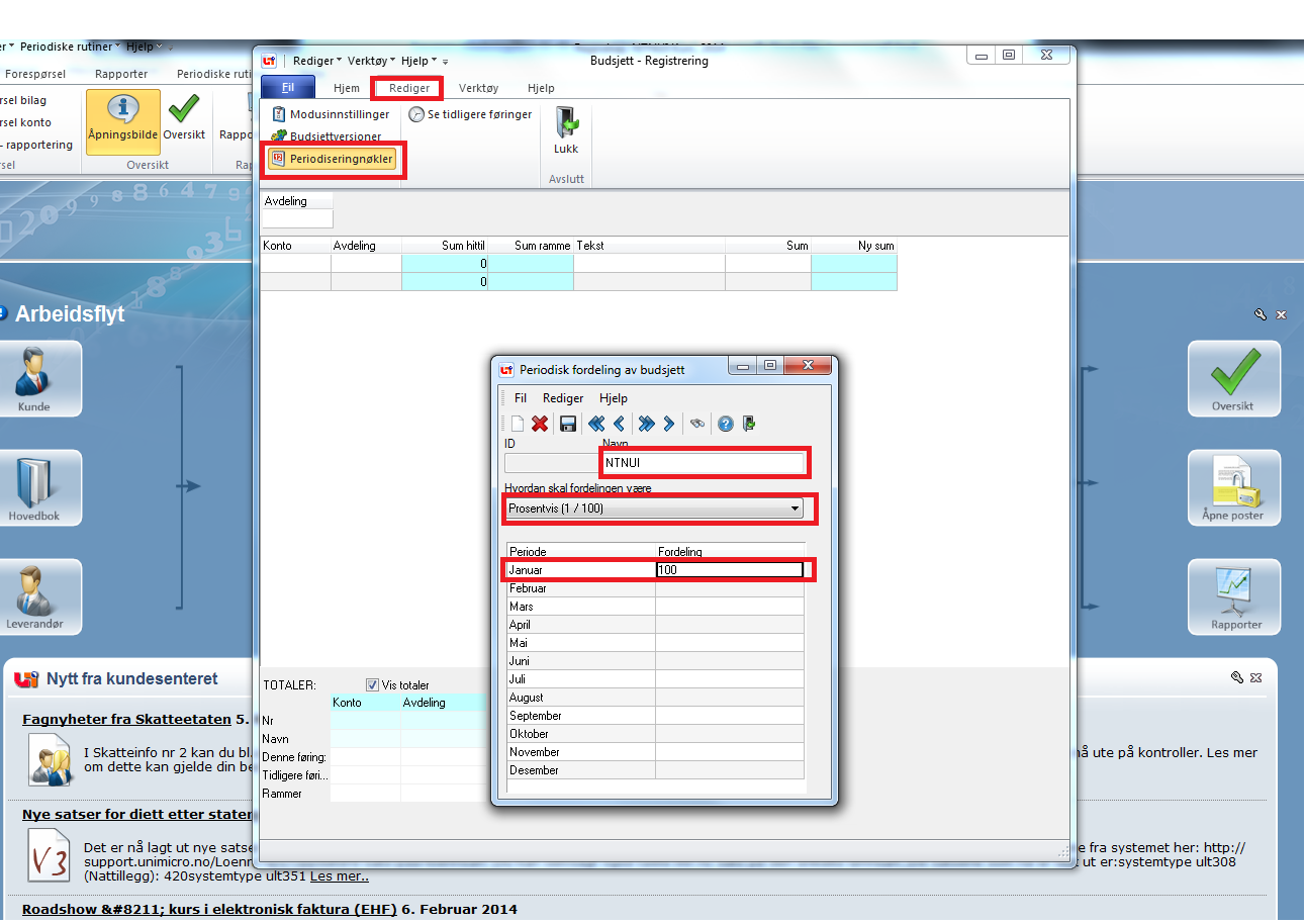 Nå klikker du deg videre på «Rediger» og «Periodiseringsnøkler». Skriv «NTNUI» i under «Navn», velg «Prosentvis(1/100)» og skriv 100 i Januar. Trykk deretter lagre og lukk vinduet.