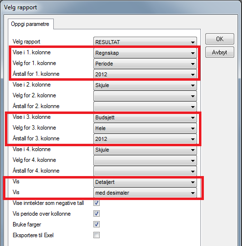 Dersom det kun står «periode 0-2» (eks med Februar her), vises balansen riktig. Resultat Resultatrapporten skrives ut fra «Økonomirapport m/ 4 valgrie kolonner» i Rapportoversikten.