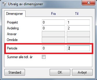 Ikke endre på Prosjekt eller Avdeling her. Programmet setter automatisk opp alle Prosjekt og Avdelinger. Velg riktig periode (her: Januar-Februar) som eksempel.