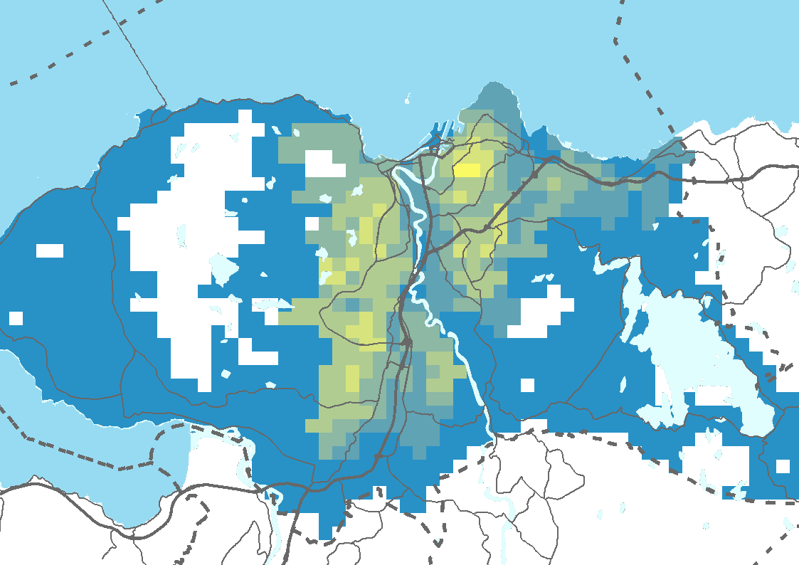 Andel lokalt ansatte av 1000 nye ansatte Andel lokalt nyansatte 0,00-2,50 2,51-5,00 5,01-7,50