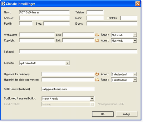 11 GoOnline Hjelp 2.2 Globale Innstillinger Globale Innstillinger Vinduet "Globalt" gir deg tilgang til de generelle innstillinger som benyttes for ditt nettsted.