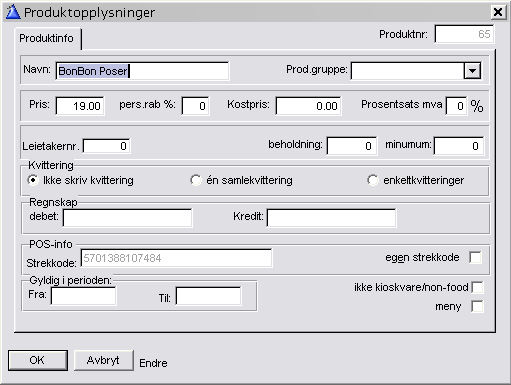 4.13.1.1 Produktopplysninger I dette bildet vedlikeholder man info om det enkelte produkt. Et viktig skille her er KIOSK/IKKE KIOSK. Dette er en egen avkrynsing på hvert produkt.