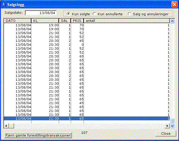 4.16.12 Salgslogg Viser logg over de salgene som er foretatt på den angitte dato.