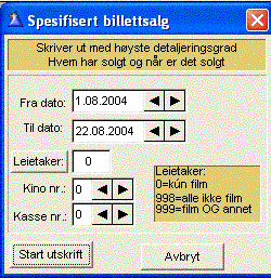 5.12 Spesifisert billettsalg Bestillingsbildet for spesifisert billettsalg vises under. Oppgi fra-til dato for rapporten.