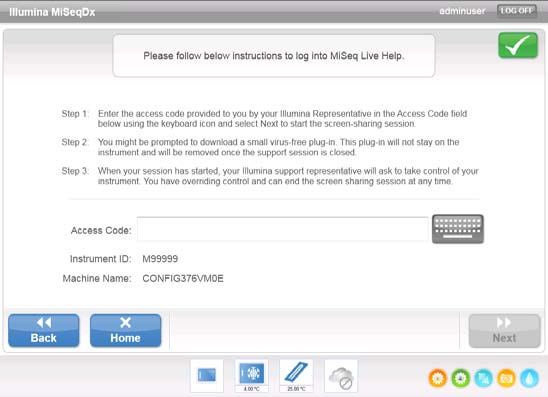 Live Help-funksjonen er et elektronisk hjelpeverktøy som gjør det mulig for en representant fra Illuminas tekniske støtteavdeling å vise MiSeqDx-skjermen med din tillatelse og dele kontrollen over