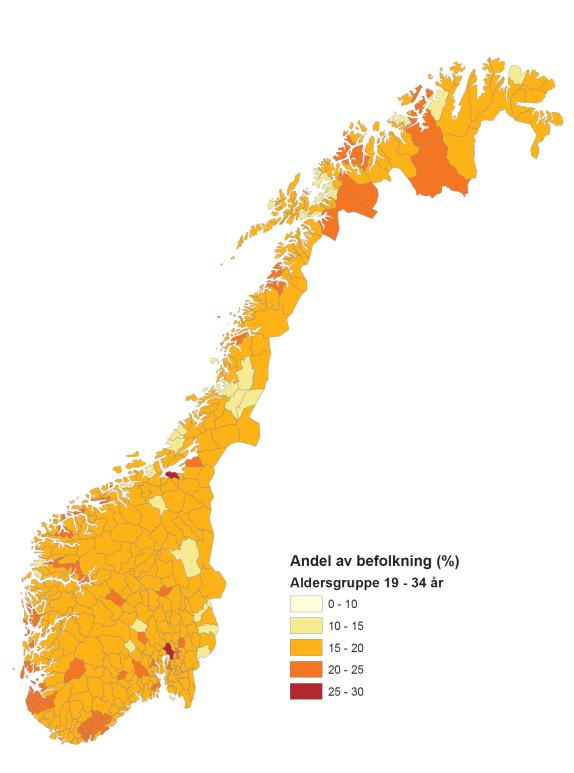 SSB 10Andel av befolkningen 19 34 år, 2011