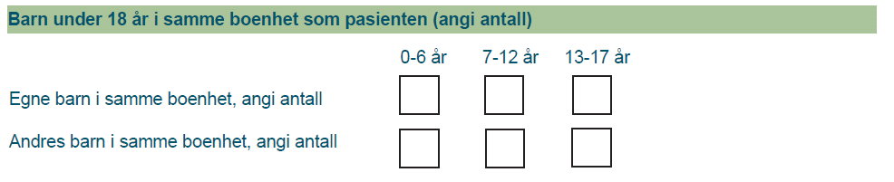 Illustrasjon fra skjemaet Situasjon ved behandlingsstart 5.4 Graviditet Graviditet Angir om pasienten er gravid. 1 Ja 2 Nei 9 Ukjent Uker gravid Angir svangerskapsuke hvis pasienten er gravid. 5.5 Sykdom Vedvarende sykdommer eller skader Angir om pasienten har vedvarende somatiske sykdommer som påvirker livsførsel og livskvalitet.