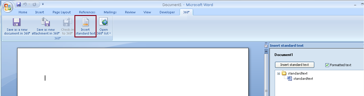9.1.3 360 fra Office (Word) I 360 har du muligheten til å påbegynne ditt arbeid med et dokument direkte fra Word (Powerpint og Excel).