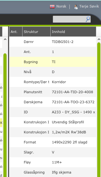 . Du vil da få opp et felt på høyre side av skjermbildet som lister opp alle detaljer/strukturer med innhold på en dør.