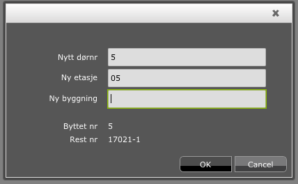 Deretter på Skriv inn det/de første sifferet/sifferne i dørnummeret og ny etasjebenevnelse, evt. også ny bygning.