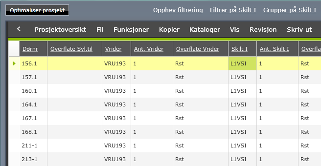 Nå vil kun dørene med L1VSI vises i skjermbildet. Ønsker du å begrense utvalget med en annen filtrering, klikk på og gjenta operasjonen.