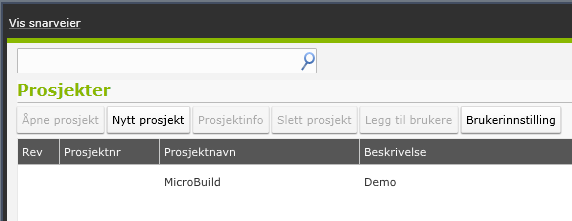 Neste bilde viser hvilke prosjekter du har tilgang til. 2 Prosjekter 2.
