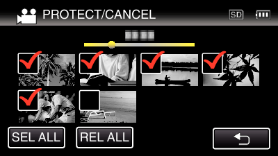 Redigering Beskytte/oppheve beskyttelse av valgte filer Beskytter eller opphever beskyttelsen for valgte filer 1 Åpne LCD-skjermen 0 <Grupperte filer> 0 Bank lett på A eller B for å velge video eller