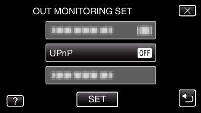 Bruke Wi-Fi Angi passordet (OUT MONITORING SET) Angir passordet for å få tilgang til kameraet (Ikke mer enn 8 tegn) 1 Trykk på MENU Velge UPnP på dette kameraet (OUT MONITORING SET) Innstiller