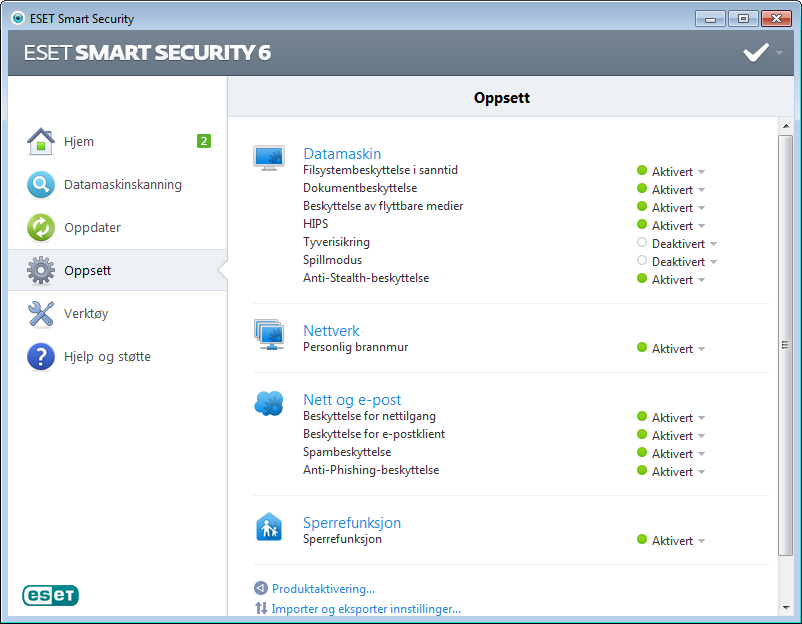 4. Arbeide med ESET Smart Security Med alternativene for oppsett i ESET Smart Security kan du justere beskyttelsesnivåene til datamaskinen og nettverk.