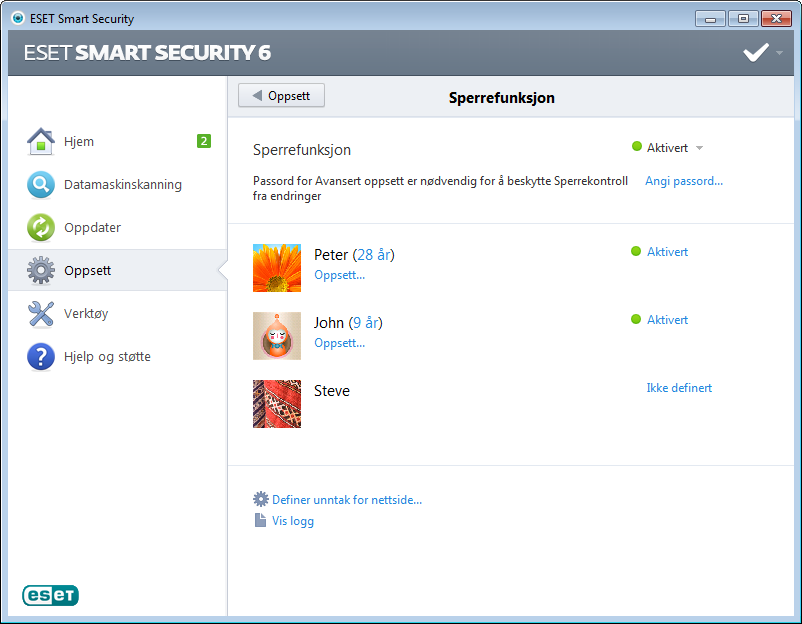 Hvis du klikker Sperrefunksjon i ruten Oppsett i hovedproduktvinduet til ESET Smart Security, ser du at hovedvinduet er delt inn i tre deler. 1.