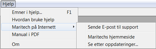 Hjelp-menyen Under hovedmeny Hjelp finnes det en del valg som kan være til hjelp i bruk av programmet, og når det oppstår feilsituasjoner.