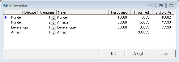 Klientserier Når du oppretter en ny kunde eller leverandør vil systemet automatisk tildele reskontronummer fra en nummerserie.