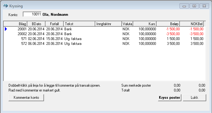 Kryssing åpne poster Her foretar du kryssing av åpne poster, det vil si refererer faktura og betaling/kreditnota mot hverandre.