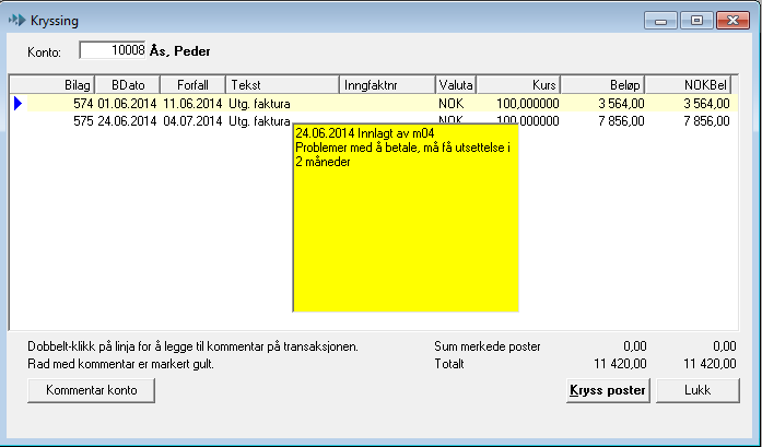 Kommentarer kan legges inn på konto via egen knapp i kryssingen. I kryssingen og purringen kommer kommentarer ved å holde pekeren over linjer som er markert gult.