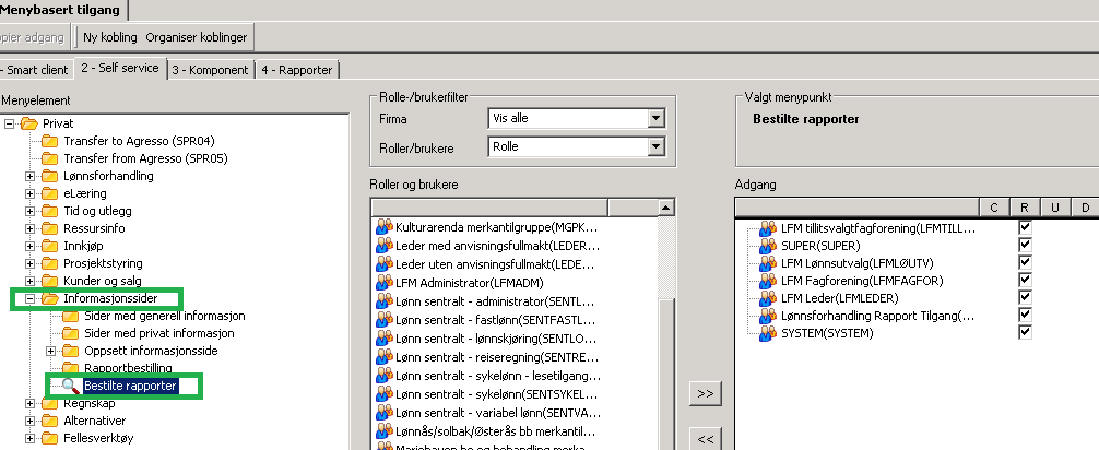 3.2. Tilgang til menypunkter Alle roller må knyttes til det/de skjermbilder som er aktuelle i henhold til lønnsforhandlingsprosessen.