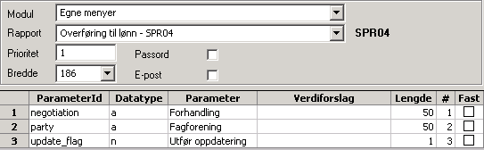 Meny tekst Overføring til lønn SPR04 # Velg ID Menynr. Velg overmeny 5.8.2. Egne rapporter Egne rapporter defineres i Egne rapporter som finnes under Systemadministrasjon Rapporter. 5.9.