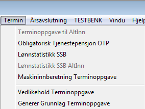 Termin Innberetning av oppgaver AGA Forskuddstrekk Filinnberetning OTP (oftest brukt ved timesbetalte) Lønn/stillingsstatistikk SSB Vedlikehold Legg inn