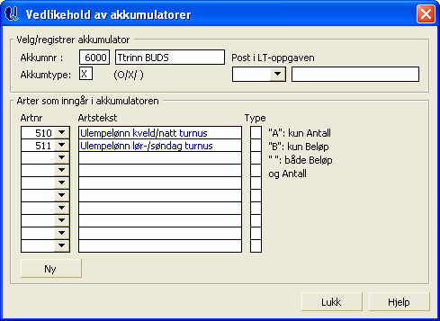 Akk. For Ulempetillegg: Artene for t-trinn (for eksempel art 401-403) må ha egen akkumulator