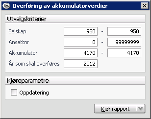 Når dette er gjort, kjører dere korrigert akkumulering på måned 12 i 2012 (forrige år). Kjør kun på den nye akkumulatoren.