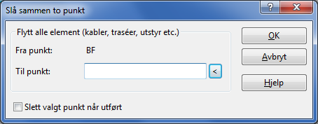 Slå sammen to punkt Med dette menyvalget kan du flytte innholdet i valgt punkt (kabler, traséer, utstyr etc.) til et annet punkt. Eksempel: Du har 2 nettområder som du ønsker å flette sammen.