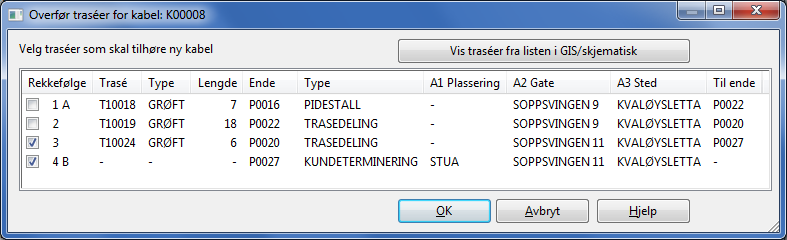 Se også Avtapning fra en kveil på side 23. Hvis kabelen går i traséer vises dialogen under.