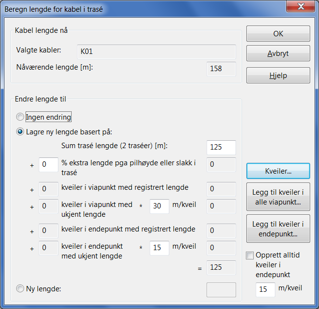 I dialogen for å beregne kabellende har du 3 alternativer: 1. Ingen endring 2. Lagre ny lengde basert på sum trasélengde pluss kveiler og slakk. 3. Lengde som du legger inn direkte.