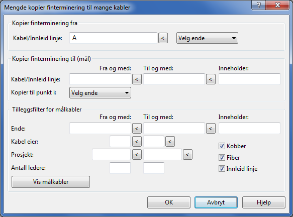 3. Rammen Kopier finterminering fra: Her skriver du kabel og hvilken ende på kabelen du skal hente fintermineringen fra. 4.