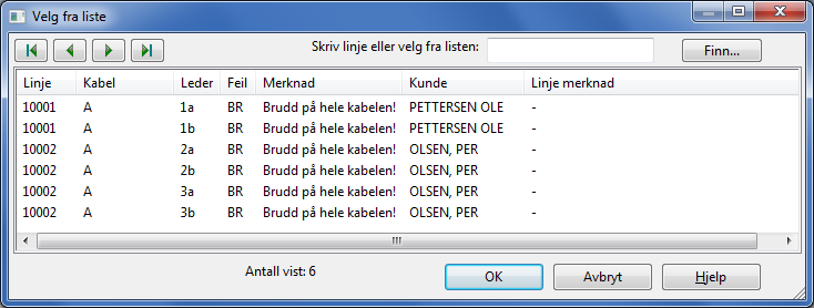 Defekte linjer pga. kabelfeil "Defekte linjer pga. kabelfeil" viser alle linjer som er berørt av feil på en eller flere ledere i kabler.