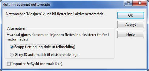 4. Du får spørsmål om hva som skal gjøres dersom ID på linjer som flettes inn eksisterer fra før i hovednettområdet.