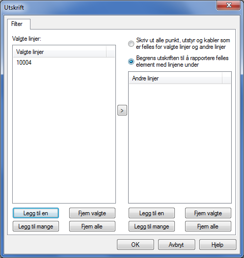 Felles element for valgt linje Denne utskriften kan benyttes for å finne kabler, punkt og utstyr som er felles for de linjene du ønsker å sammenligne.