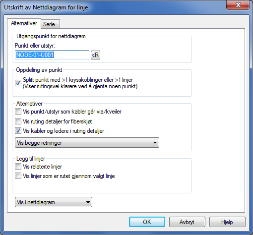 Utgangspunkt for nettdiagram: Her kan du velge hvilket punkt eller utstyr nettdiagrammet skal tegnes ut fra.