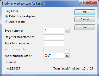 Merkesystem Systimax Kabel/Arbeidsplass ID Dette er en fortløpende ID på kabelen. Går kabelen til en arbeidsplass, tilsvarer kabel ID arbeidsplass ID.