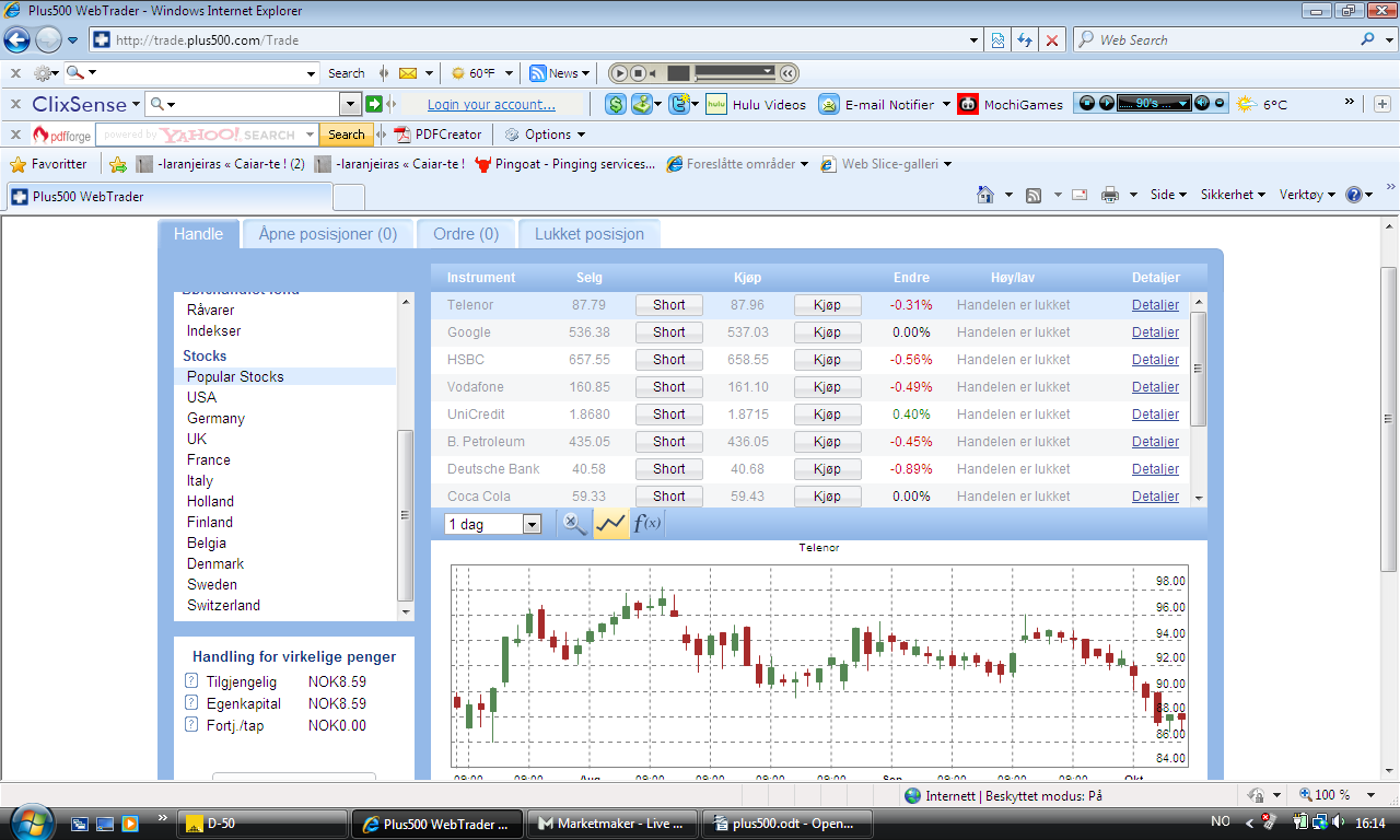 Under er et bilde fra tradingplattformen: Caset over er fra Telenor. Vi trykker på «stocks» og henter telenor.