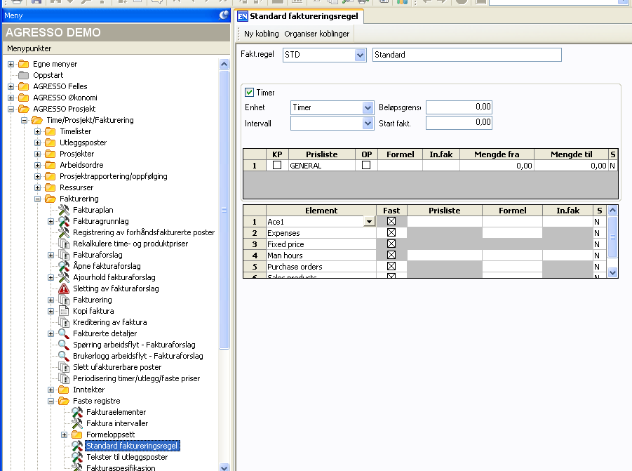 4.1.1 Standard faktureringsregler Standard faktureringsregler kan settes opp i menypunktet under faste registre.