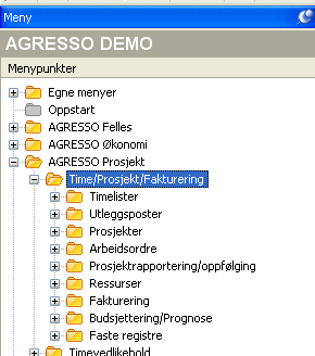 1.2 Menyene i Agresso Prosjekt AGRESSO Prosjekt er en av hovedmodulene i AGRESSO. Under denne modulen sorterer timeregistrering, prosjektfakturering og prosjektoppfølging.