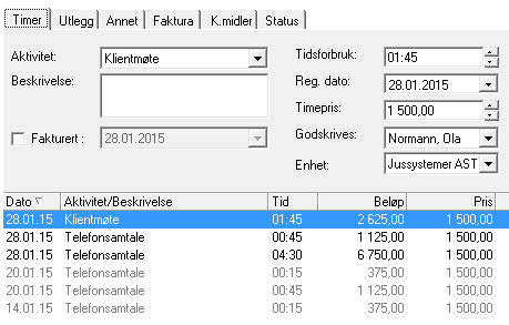 6.1.1. STANDARD TYPER I FELTENE Når du skal registrere timer, utlegg osv. vil du finne nedtrekksbokser til høyre i alle Aktivitetsfeltene.