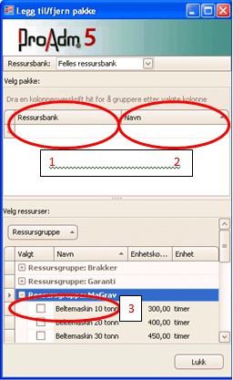 23 Startvindu i ProAdm 23 1. Velg hvilken ressursbank du vil lage pakken fra. 2. Skriv inn navnet på ressurspakken. 3.