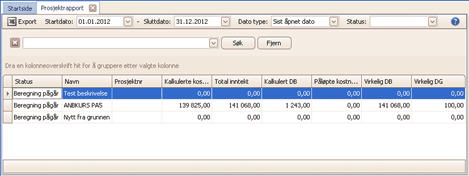 30 4.10 Startvindu i ProAdm 30 Prosjektrapport Viser en oversikt over økonomien i prosjektene som vises i vinduet.
