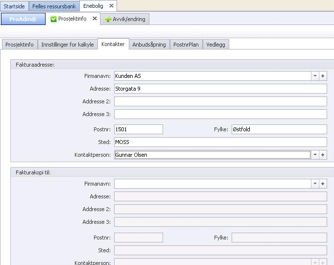 70 8.3 Prosjektinfo 70 Kontakter Fakturaadresse: Navn, adresse og kontaktperson til byggherre Fakturakopi til: Her legges inn navn, adresse og kontaktperson hvis det skal sendes en